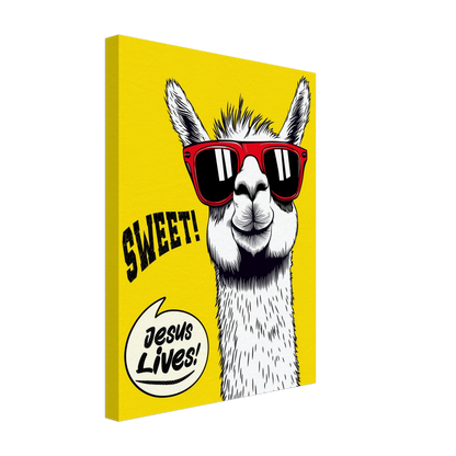 A vibrant canvas wall art featuring a cartoon llama with sunglasses against a yellow background, with the text 'Sweet! Jesus Lives!'.