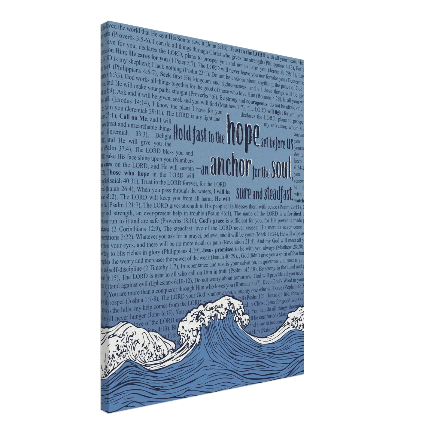 A vertical canvas wall art with a pink background featuring text from Hebrews 6:19 and an illustration of ocean waves with an anchor.