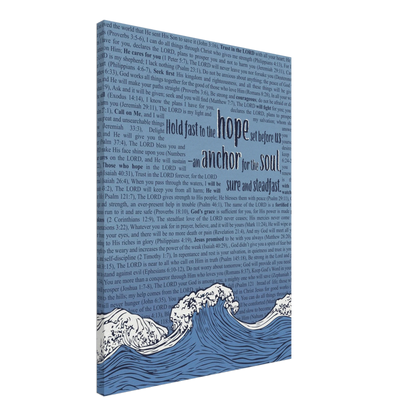 A vertical canvas wall art with a pink background featuring text from Hebrews 6:19 and an illustration of ocean waves with an anchor.