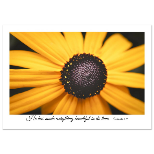 A poster featuring a close-up photograph of a yellow flower with a quote from Ecclesiastes 3:11: 'He has made everything beautiful in its time.'.