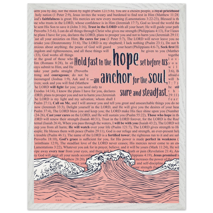 pink christian poster with bible verses in the background featuring a hand drawn wave illustration and the words hold fast to the hope set before us an anchor for the soul sure and steadfast hebrews 6 19