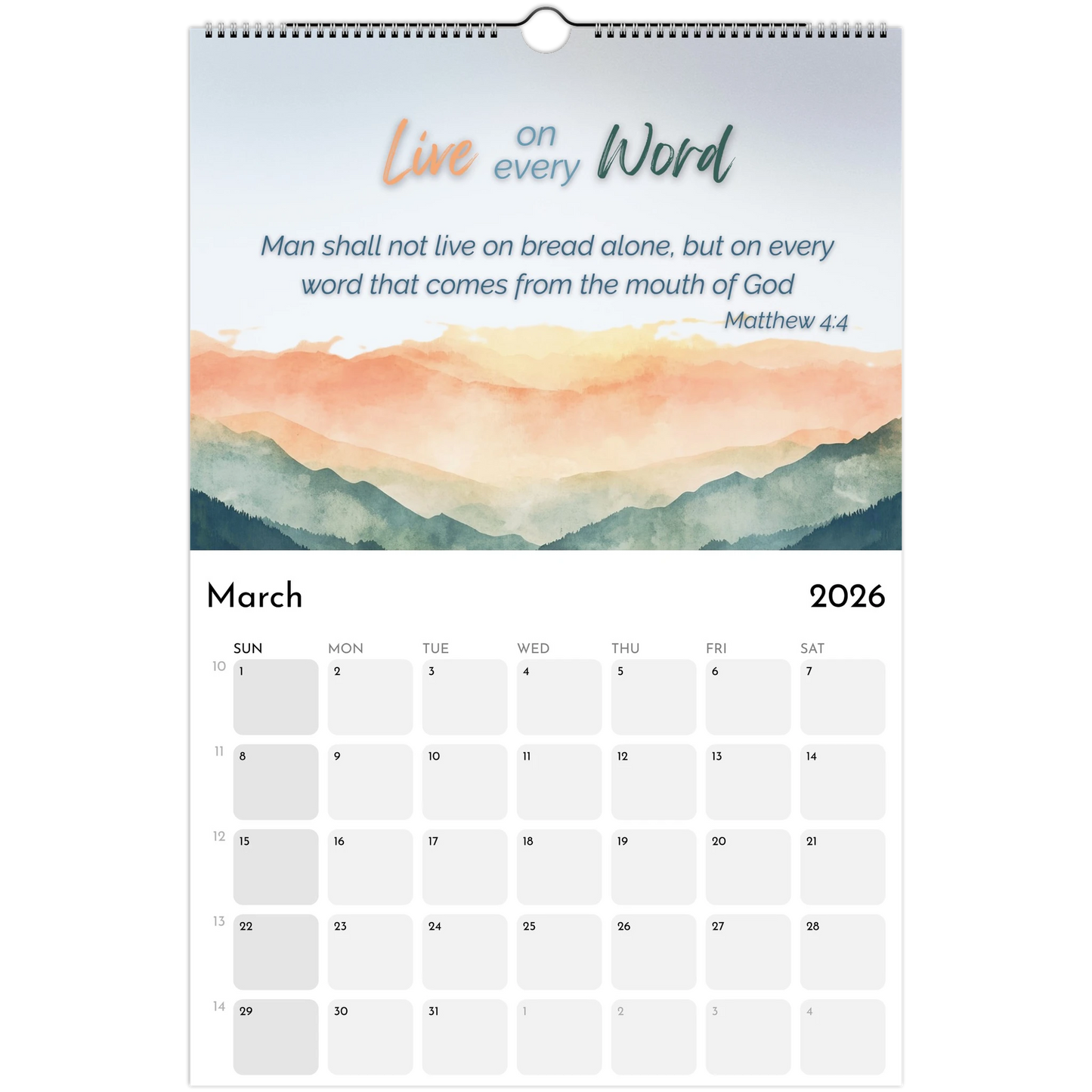 Calendar page for March 2026 with a mountain landscape design and inspirational quote.