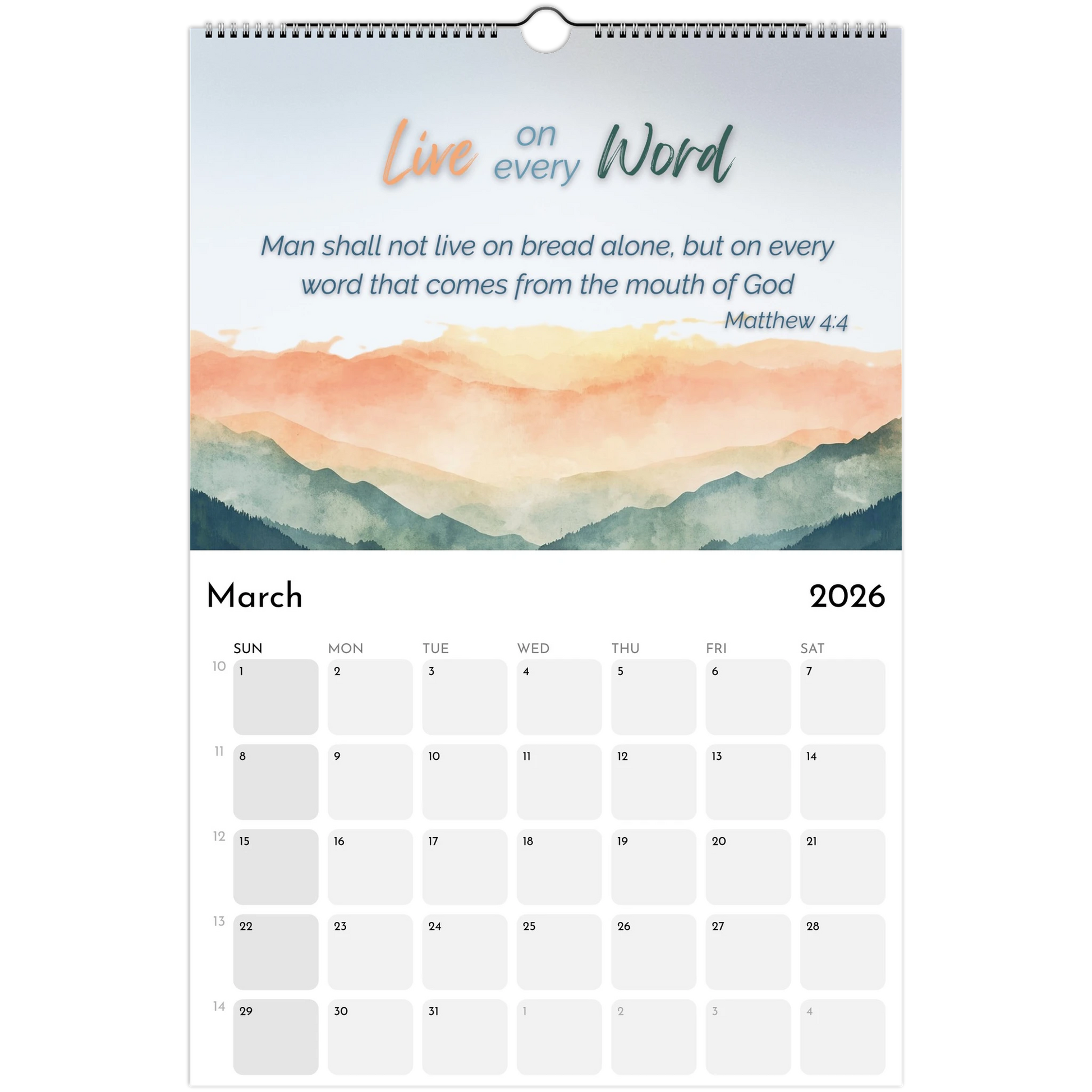 Calendar page for March 2026 with a mountain landscape design and inspirational quote.