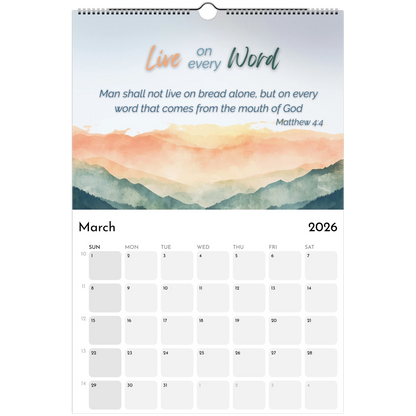 Calendar page for March 2026 with a mountain landscape design and inspirational quote.