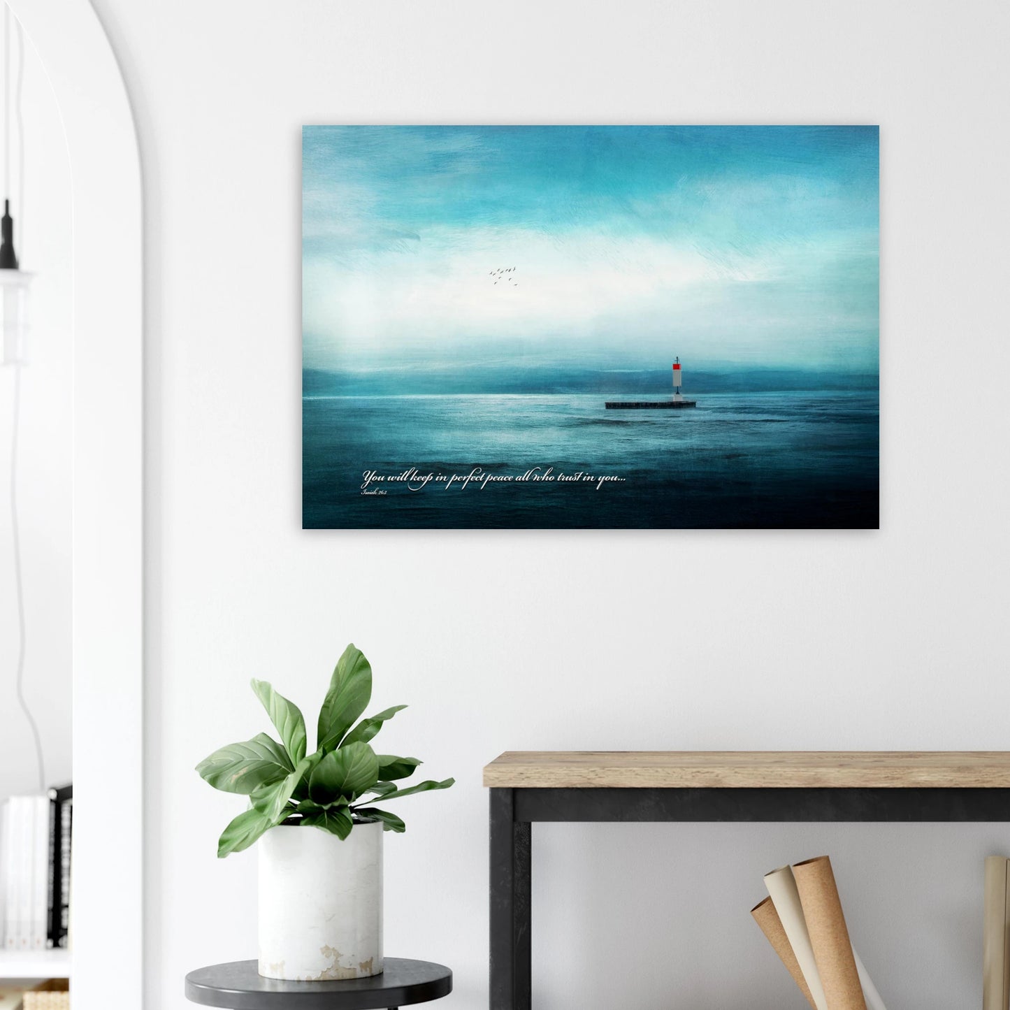blue seascape lighthouse bible verse artwork styled in minimalist home office