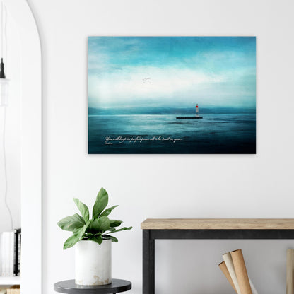 blue seascape lighthouse bible verse artwork styled in minimalist home office