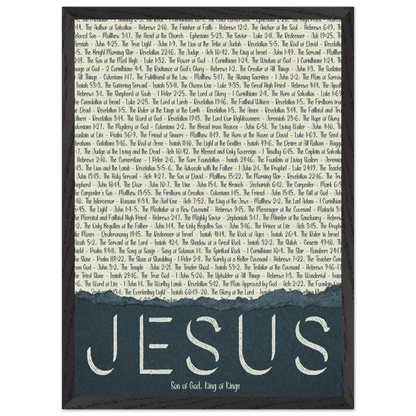 A framed wall art print with the word 'JESUS' in bold lettering, followed by a list of names and scriptures related to Jesus, against a white background 