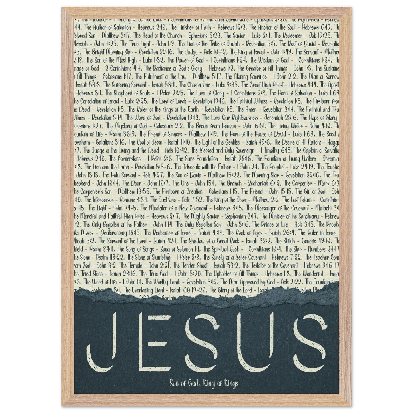 A framed wall art print with the word 'JESUS' in bold lettering, followed by a list of names and scriptures related to Jesus, against a white background 