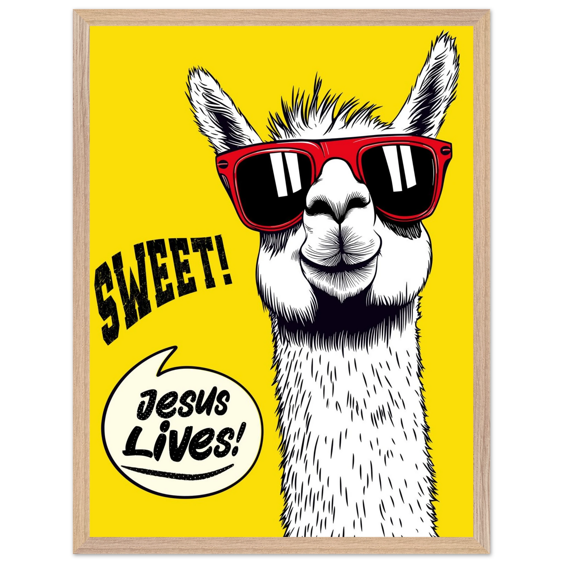 Playful Christian wall art illustration of a white llama wearing red sunglasses on a bright yellow background, with the words SWEET! and Jesus Lives in a speech bubble, framed.