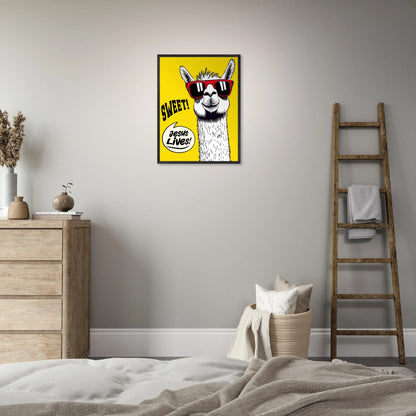 Framed Christian wall art featuring a white llama wearing red sunglasses on a bright yellow background with playful text reading SWEET and Jesus Lives, displayed above a bed in a calm minimalist bedroom with neutral tones, wooden ladder decor, and soft textiles