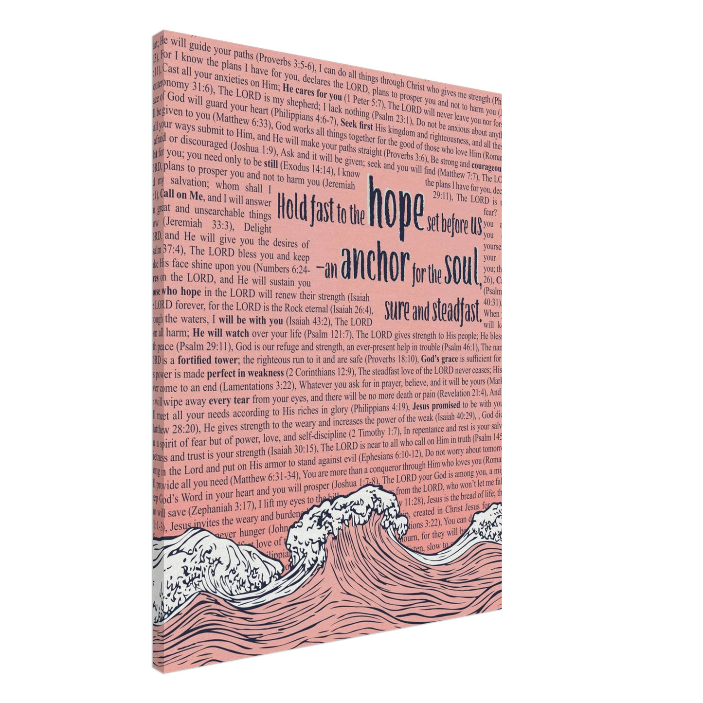 A vertical canvas wall art with a pink background featuring text from Hebrews 6:19 and an illustration of ocean waves with an anchor.