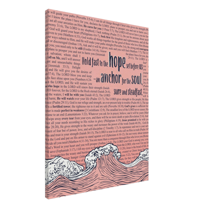 A vertical canvas wall art with a pink background featuring text from Hebrews 6:19 and an illustration of ocean waves with an anchor.