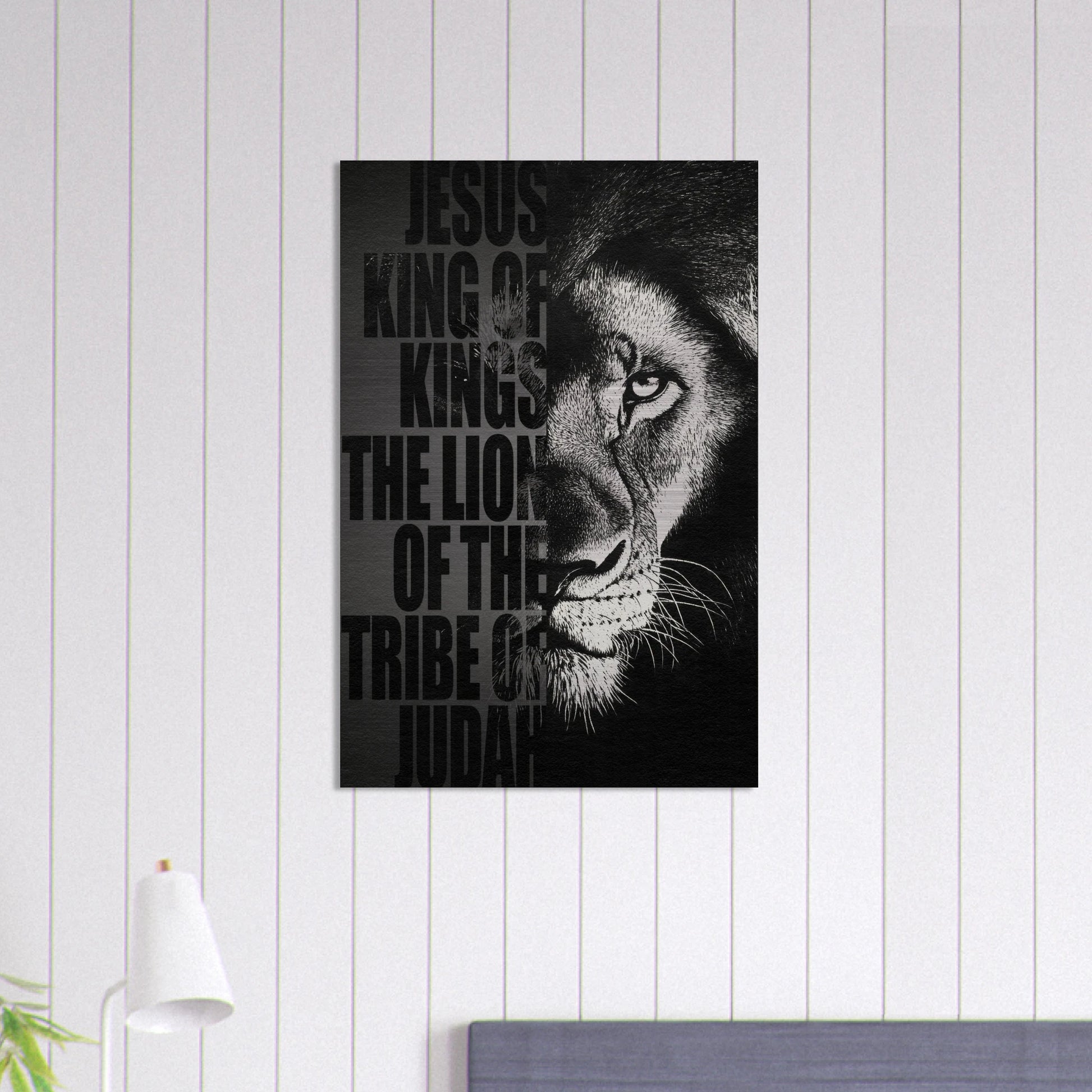Black and white Lion of Judah Christian wall art featuring a powerful lion portrait with the words Jesus King of Kings Lion of the Tribe of Judah displayed in a modern bright minimalist interior