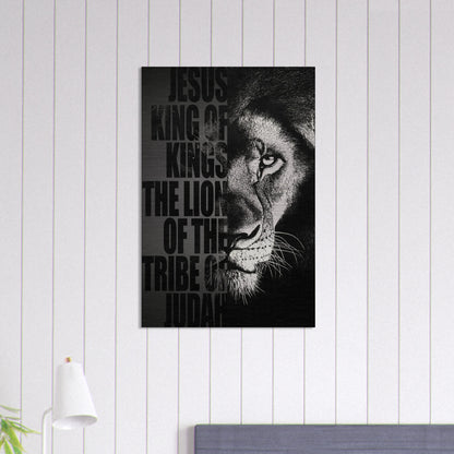 Black and white Lion of Judah Christian wall art featuring a powerful lion portrait with the words Jesus King of Kings Lion of the Tribe of Judah displayed in a modern bright minimalist interior