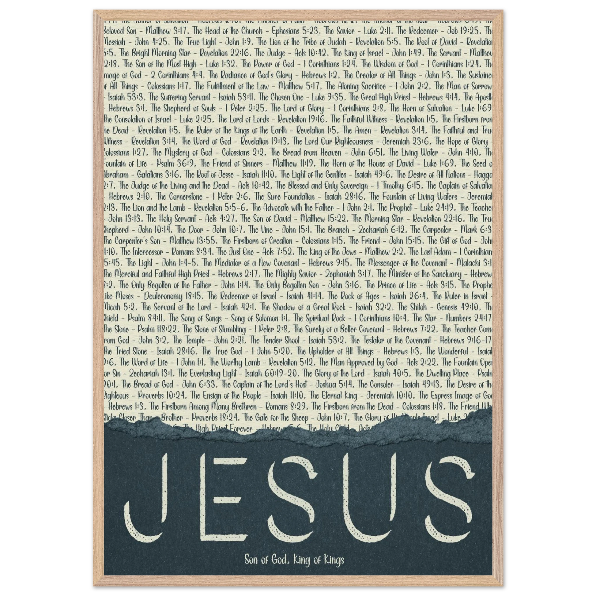 A framed wall art print with the word 'JESUS' in bold lettering, followed by a list of names and scriptures related to Jesus, against a white background 
