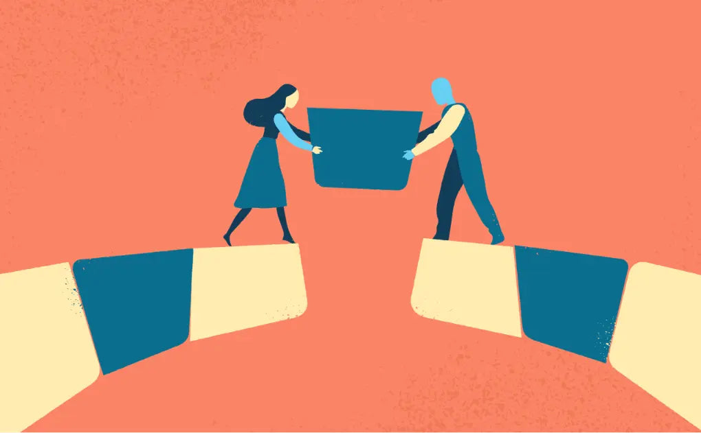 Illustration of two people collaborating to push a large blue object over a series of obstacles.