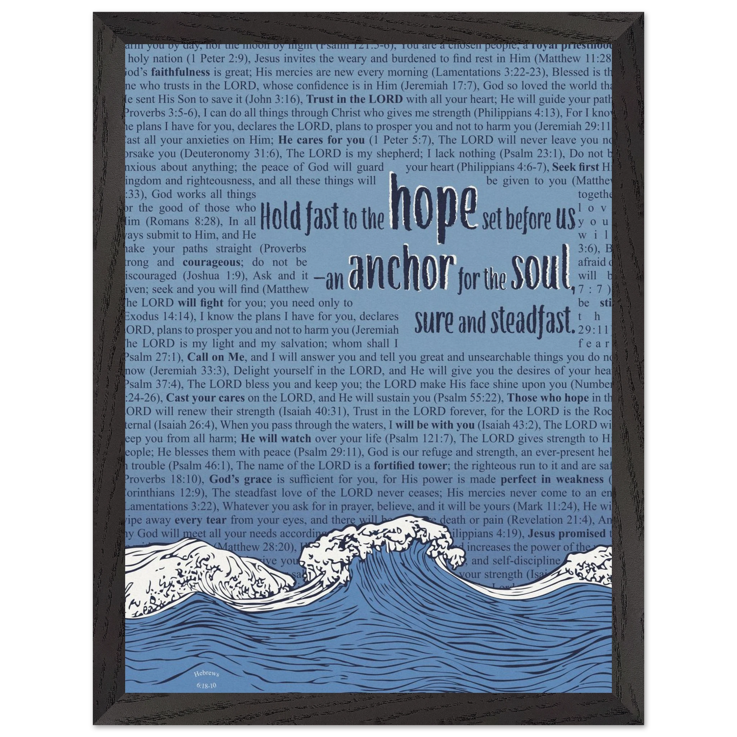 blue christian poster with bible verses in the background featuring a hand drawn wave illustration and the words hold fast to the hope set before us an anchor for the soul sure and steadfast hebrews 6 19