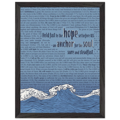 blue christian poster with bible verses in the background featuring a hand drawn wave illustration and the words hold fast to the hope set before us an anchor for the soul sure and steadfast hebrews 6 19