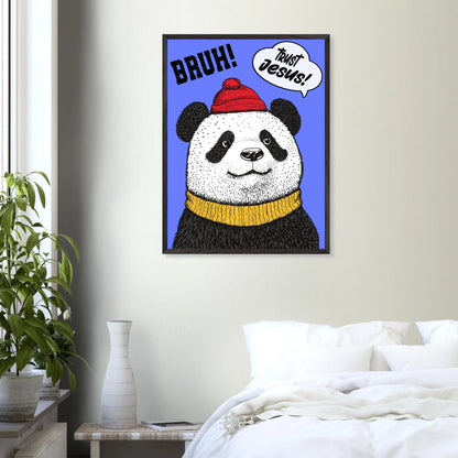 Illustrated panda wall art hanging above a bed, featuring a panda wearing a red beanie and yellow sweater on a blue background with the words BRUH and Trust Jesus in speech bubbles, styled in a modern bedroom interior