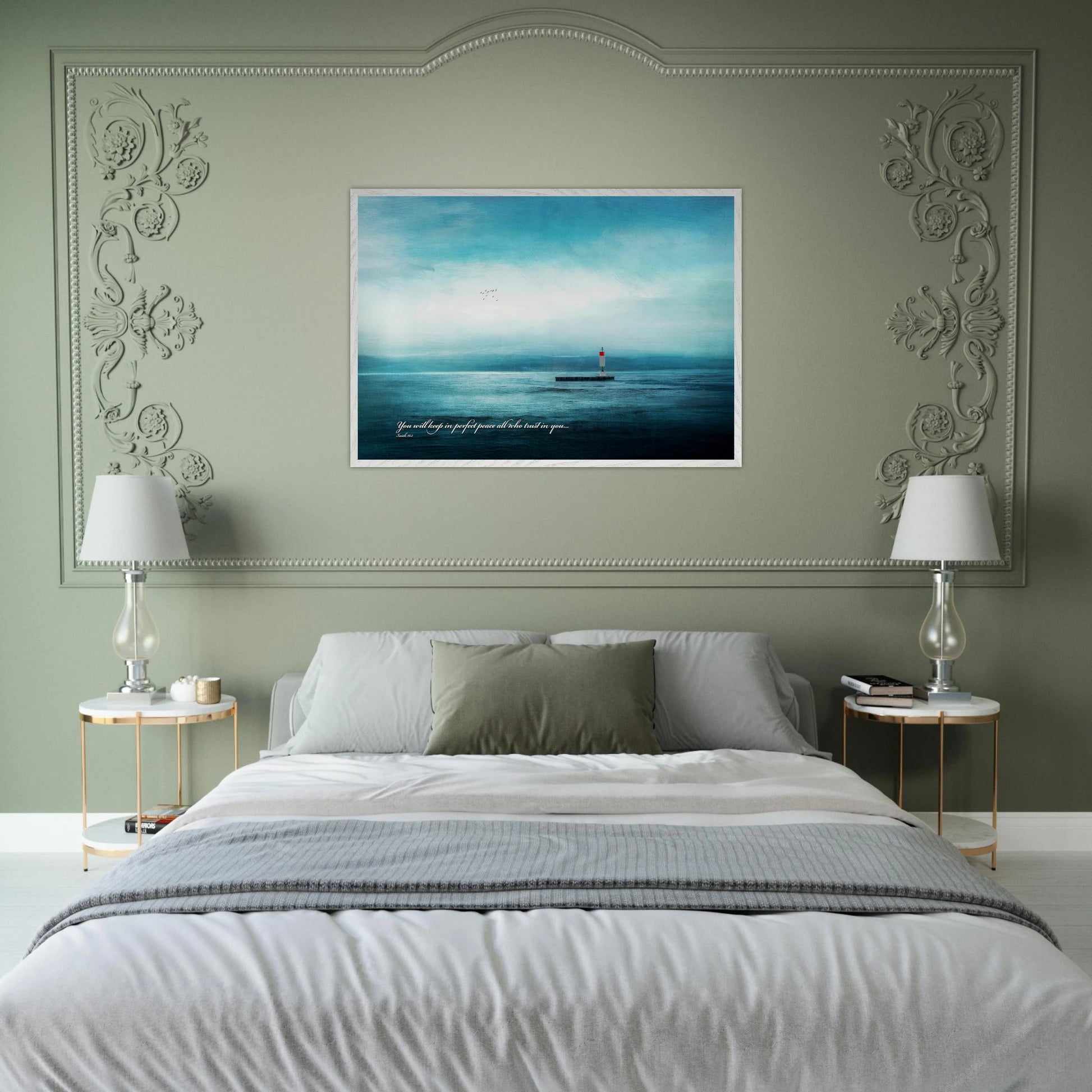 serene blue seascape lighthouse artwork displayed above cozy neutral bed