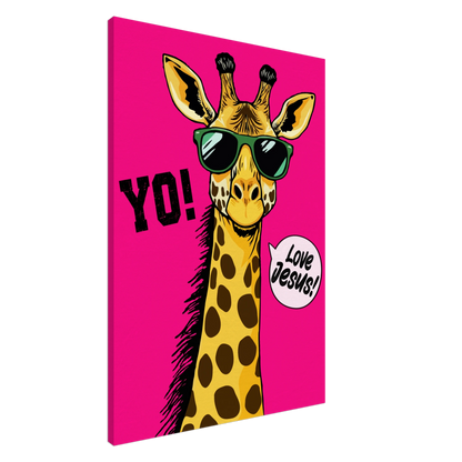 A vibrant pink canva featuring a cartoon giraffe with sunglasses and a speech bubble with the phrase 'Love Jesus!' The giraffe is the central figure against a vivid pink background.