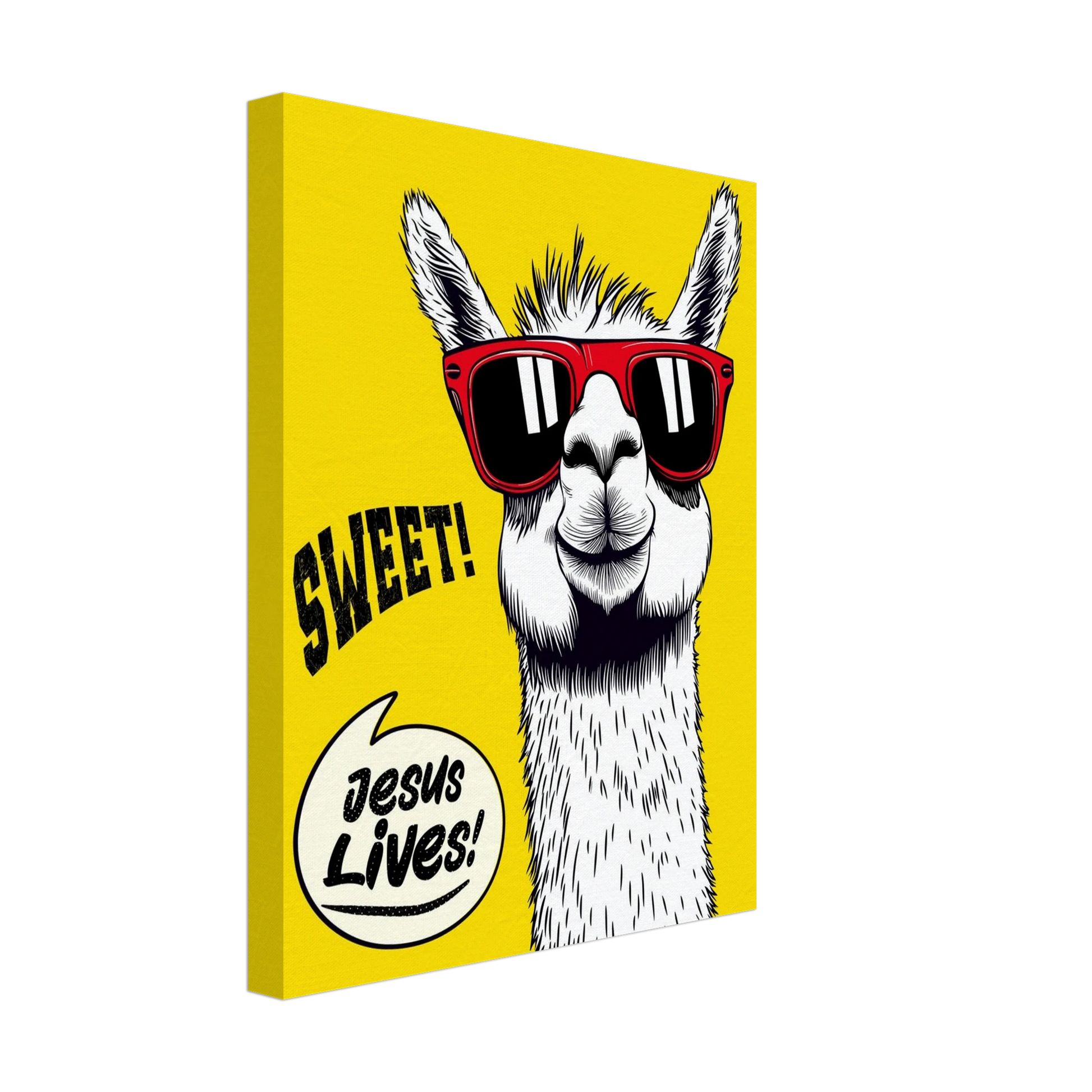 A vibrant canvas wall art featuring a cartoon llama with sunglasses against a yellow background, with the text 'Sweet! Jesus Lives!'.