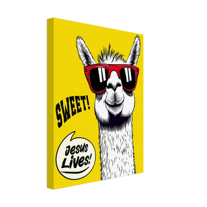 A vibrant canvas wall art featuring a cartoon llama with sunglasses against a yellow background, with the text 'Sweet! Jesus Lives!'.