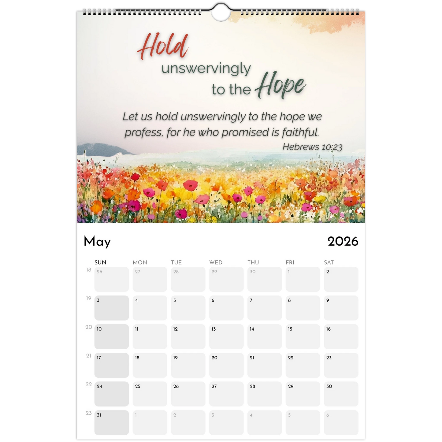 Calendar with floral design and motivational quote on a white background