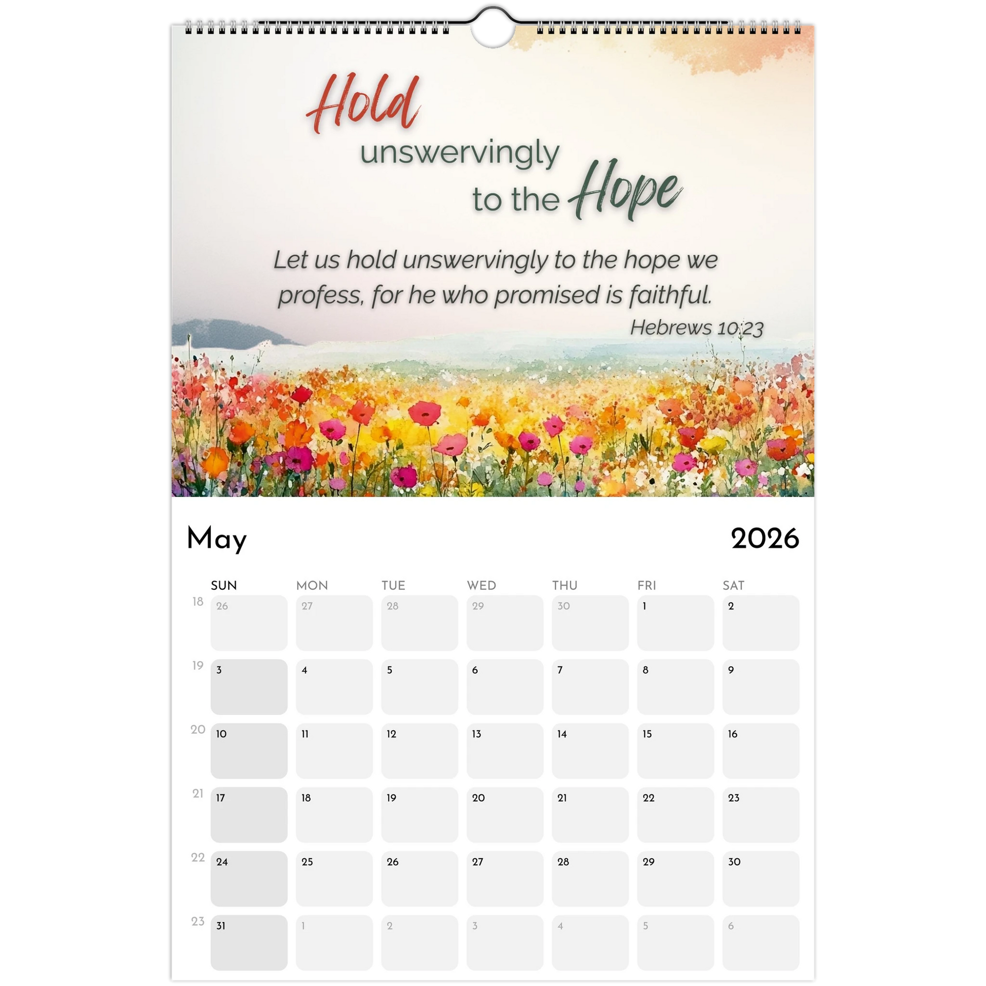 Calendar with floral design and motivational quote on a white background