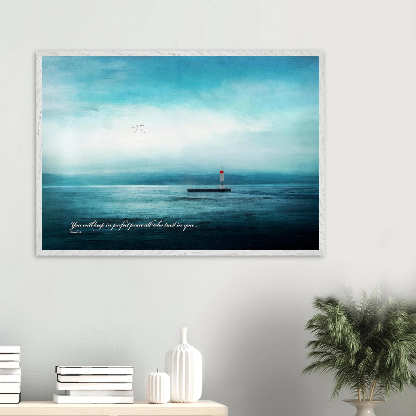 calming blue ocean lighthouse scripture wall art styled in minimalist living room