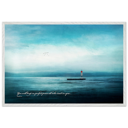 A framed poster featuring a lighthouse in a serene seascape with the text 'You will keep in perfect peace all who trust in you.' from Isaiah 26:3.