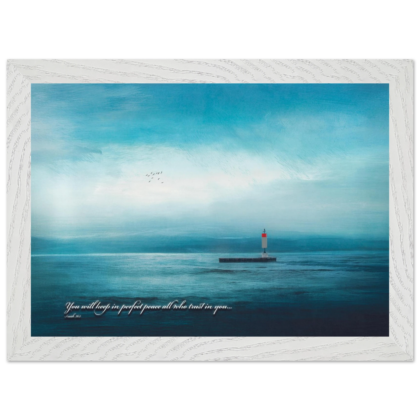A framed poster featuring a lighthouse in a serene seascape with the text 'You will keep in perfect peace all who trust in you.' from Isaiah 26:3.
