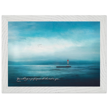 A framed poster featuring a lighthouse in a serene seascape with the text 'You will keep in perfect peace all who trust in you.' from Isaiah 26:3.