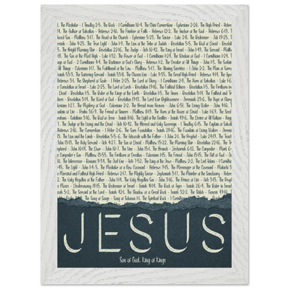 A framed wall art print with the word 'JESUS' in bold lettering, followed by a list of names and scriptures related to Jesus, against a white background 