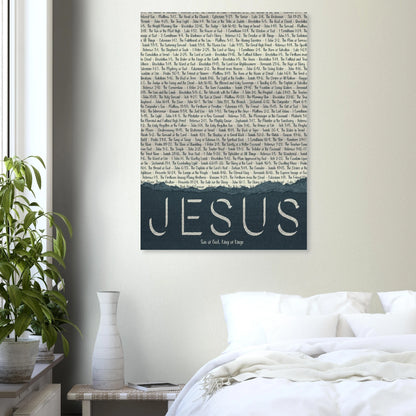jesus brushed aluminum christian metal print with scripture names hanging above a cozy bed