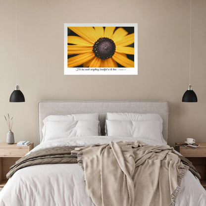 Christian sunflower wall art featuring a close-up yellow flower with the Bible verse He has made everything beautiful in its time Ecclesiastes 3:11 displayed in a minimalist bedroom