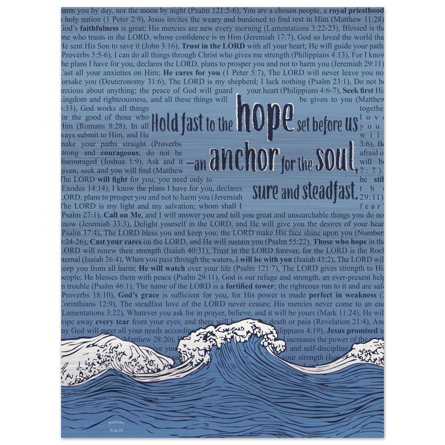 A metal print with a wave and anchor design featuring Bible verses in the background, predominantly in pink and silver colors.