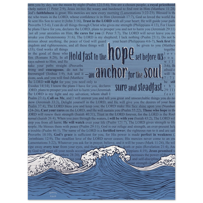 A metal print with a wave and anchor design featuring Bible verses in the background, predominantly in pink and silver colors.