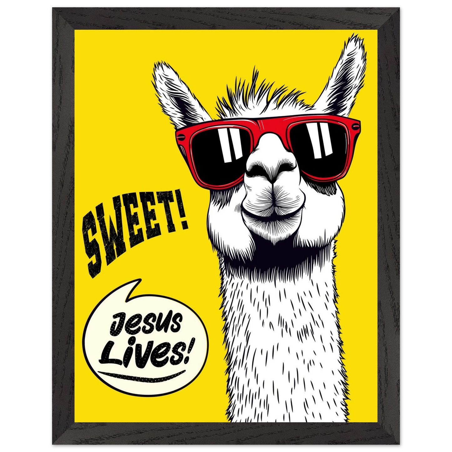 Playful Christian wall art illustration of a white llama wearing red sunglasses on a bright yellow background, with the words SWEET! and Jesus Lives in a speech bubble, framed in black.