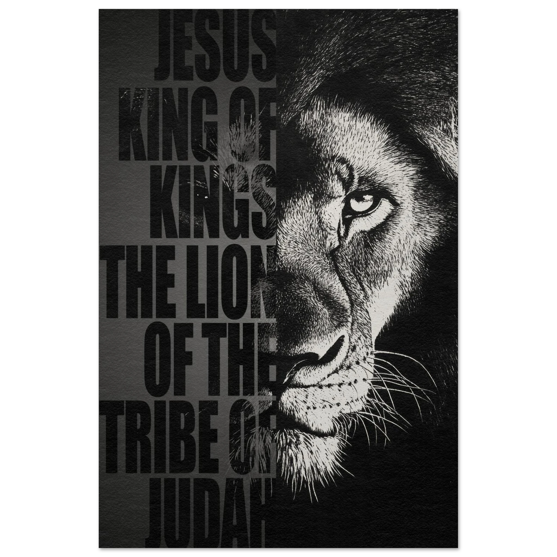 A vertical Christian poster featuring a black and white image of a lion with a red background, and the text 'Jesus, King of Kings, The Lion of the Tribe of Judah'.
