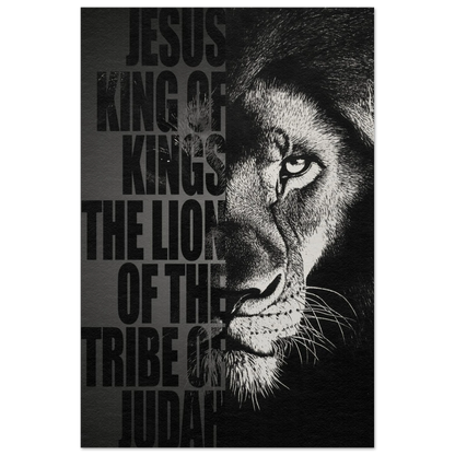 A vertical Christian poster featuring a black and white image of a lion with a red background, and the text 'Jesus, King of Kings, The Lion of the Tribe of Judah'.