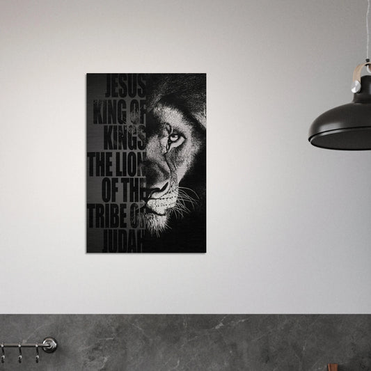 Black and white Lion of Judah Christian wall art featuring a powerful lion portrait with the words Jesus King of Kings Lion of the Tribe of Judah displayed in a modern minimalist interior