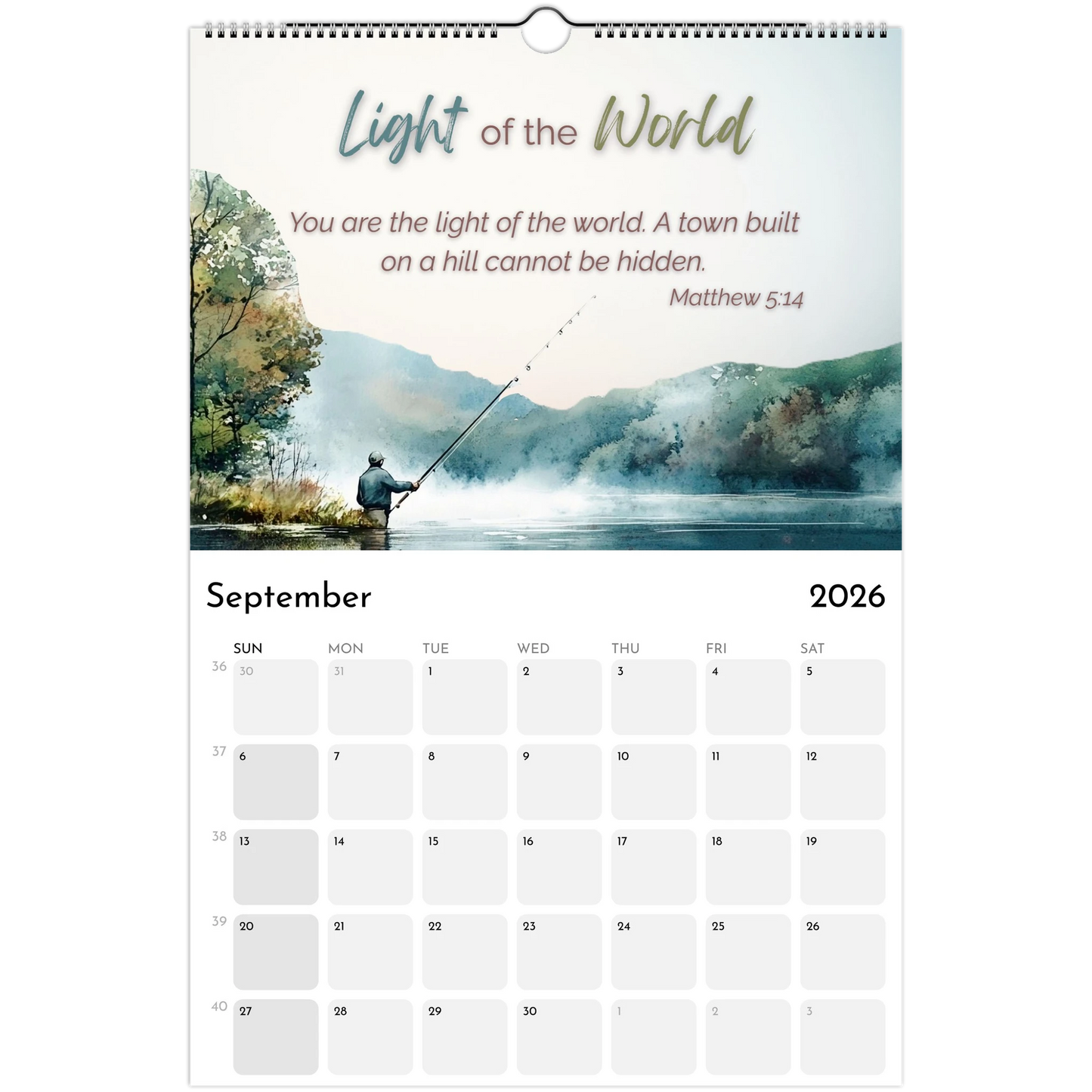 Calendar for September 2026 with a fishing scene and motivational quote.