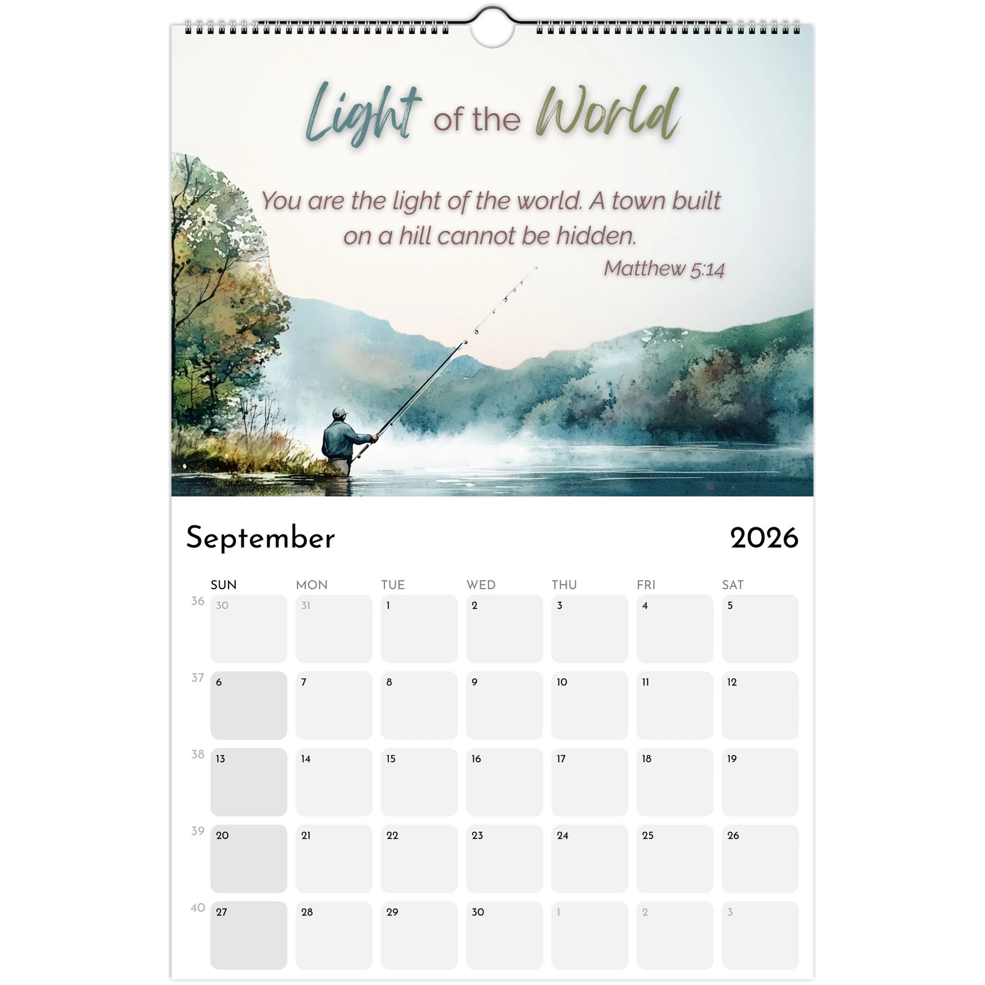 Calendar for September 2026 with a fishing scene and motivational quote.