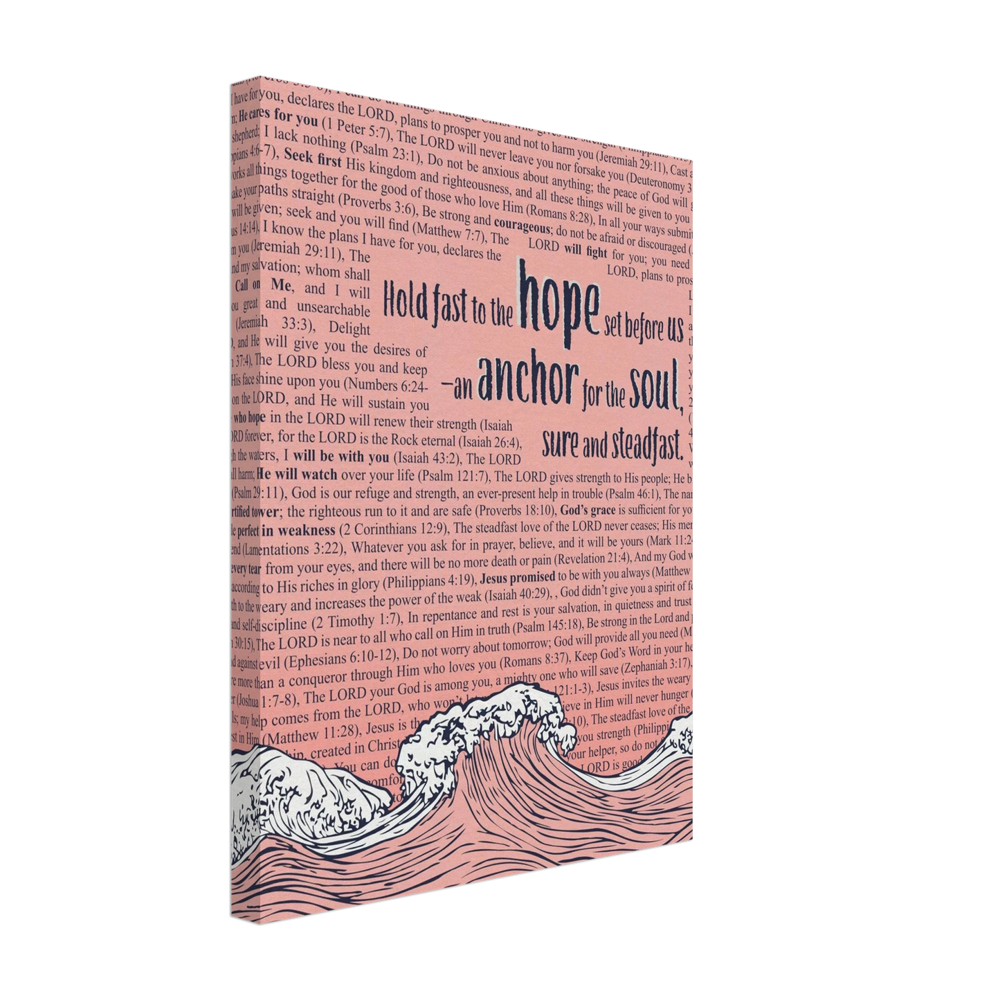 A vertical canvas wall art with a pink background featuring text from Hebrews 6:19 and an illustration of ocean waves with an anchor.