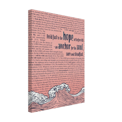 A vertical canvas wall art with a pink background featuring text from Hebrews 6:19 and an illustration of ocean waves with an anchor.