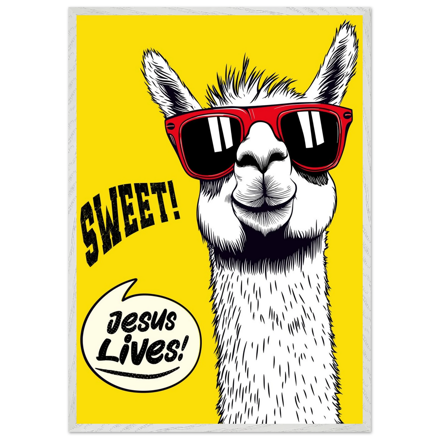Playful Christian wall art illustration of a white llama wearing red sunglasses on a bright yellow background, with the words SWEET! and Jesus Lives in a speech bubble, framed in grey.