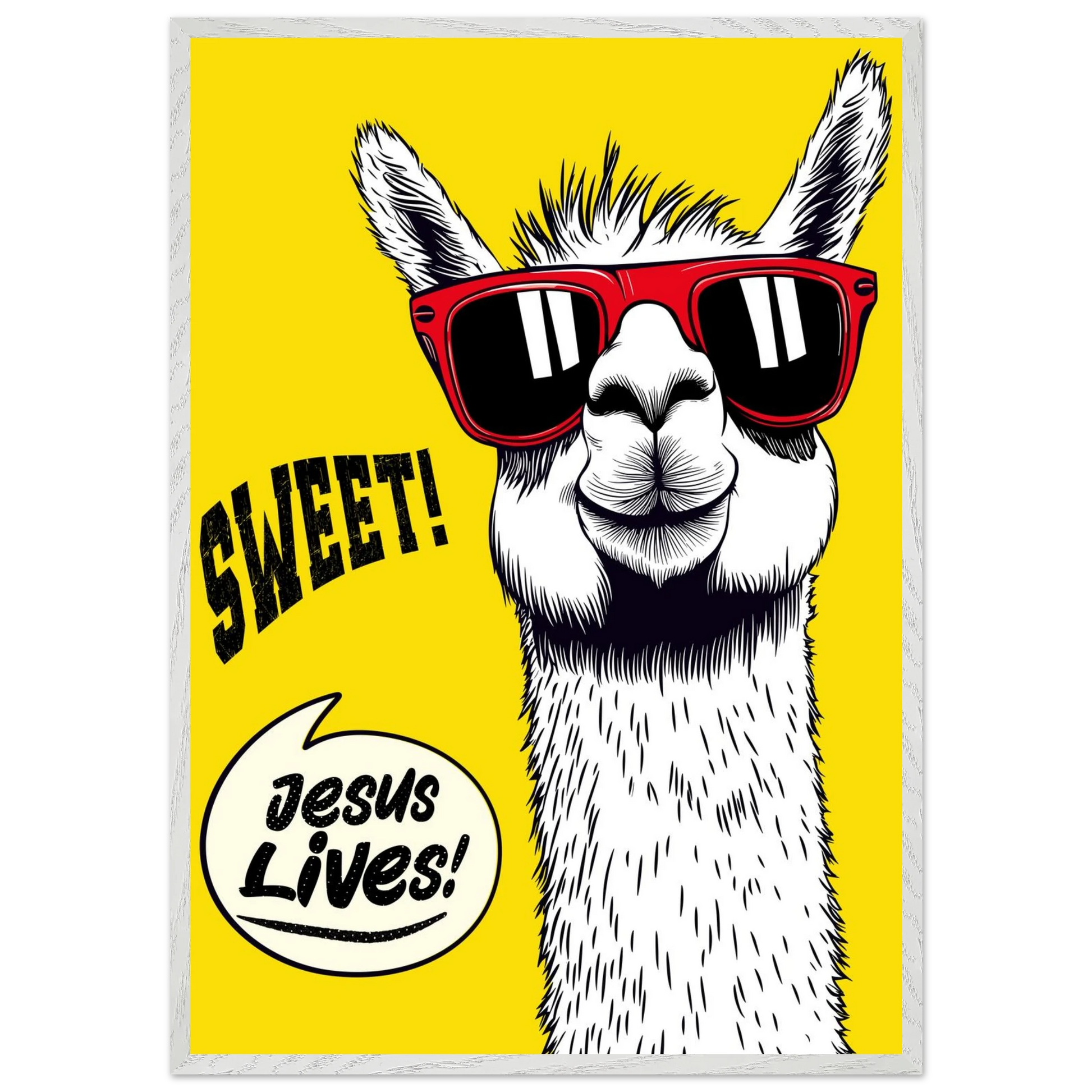 Playful Christian wall art illustration of a white llama wearing red sunglasses on a bright yellow background, with the words SWEET! and Jesus Lives in a speech bubble, framed in grey.