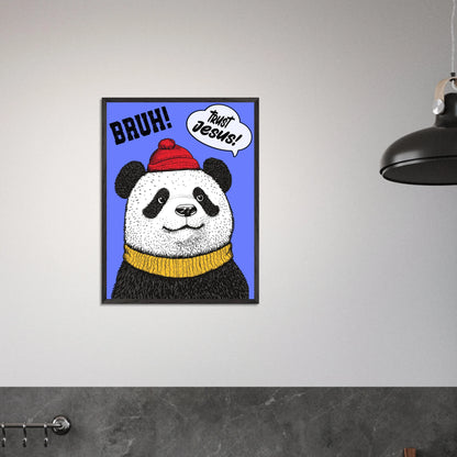 Playful Christian wall art illustration of a panda wearing a red beanie and yellow sweater on a blue background with the words BRUH and Trust Jesus in speech bubbles displayed in a modern minimalist room