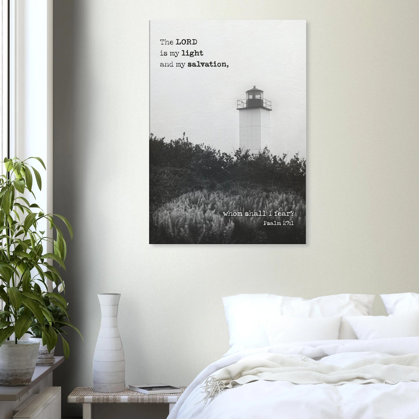 Psalm 27:1 lighthouse Christian wall art displayed in a bedroom on a light gray vertical-paneled wall.